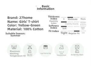 Detailed chart of 100% cotton girls' T-shirt specifications and fabric care icons