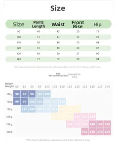 Detailed size chart for kids anti-mosquito pants with measurements from 90 to 140cm