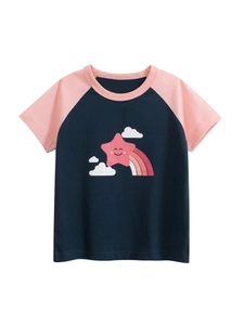 Maglietta A Maniche Corte Bambini 100% Cotone Raglan Colore Contrasto Stampa Stella Arcobaleno Cartone Animato Girocollo Top
