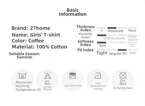 Detailed size chart and material specs for brown 100% cotton girls' T-shirt