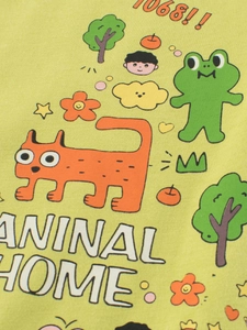Kids cotton green t-shirt featuring colorful cartoon animal prints and Animal Home text
