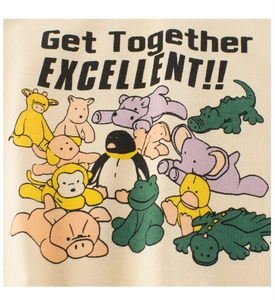 Detail of cream kids' t-shirt with cute hand-drawn cartoon animals and artistic print