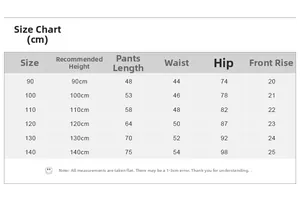 Detailed size chart for kids lightweight mosquito pants showing length and waist measurements