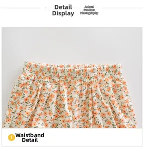 Detail view of high elastic waistband and floral knit cotton fabric on toddler pants