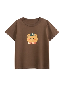 Childrens Short Sleeve T-Shirt Cotton Cartoon Bear Print Crew Neck Casual Summer Top Kids Apparel