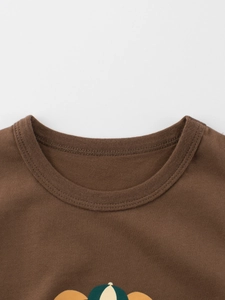 Brown cotton round neck t-shirt for kids with ribbed neckline and cartoon bear print