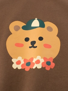 Kids brown short sleeve T-shirt featuring a cute cartoon bear print and round neck design
