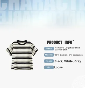 Detail of striped kids T-shirt fabric showing 95% cotton and 5% spandex blend material