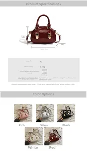 Detailed size chart of shell handbag with dimensions 19cm by 13cm in five colors