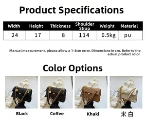 Infographic showing dimensions and four colors of quilted chain shoulder bags for women
