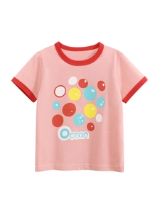 T-Shirt À Manches Courtes Pour Filles 100% Coton Col Rond Rose Contraste Été Imprimé Dessin Animé Haut Décontracté
