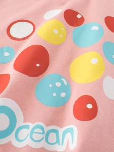 T-shirt rose en coton pour filles avec texte Ocean et imprimé bulles colorées
