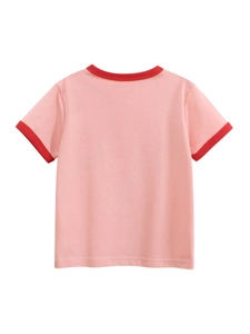 T-shirt en coton rose pour enfants avec bords rouges et imprimé cartoon sur blanc