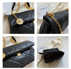 Detailed views of black quilted chain bag featuring gold hardware and inner pockets