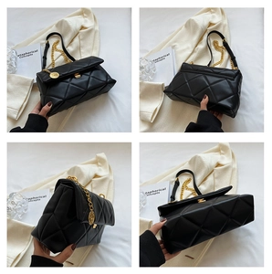 Detailed four-way view of black quilted leather handbag with gold chain strap