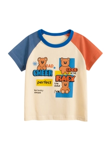 T-Shirt Fille En Coton Manches Raglan Courtes Bloc De Couleur Imprimé Ours Dessin Animé Col Rond Haut D'été Enfant