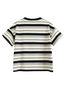 Kids black and grey striped short sleeve T-shirt with comfortable ribbed crew neck