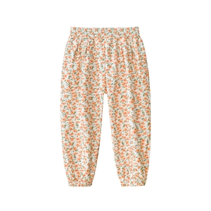 Kids floral anti-mosquito pants with elastic waist and cuffed hems in cream and orange