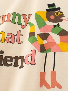 Kids cream cotton t-shirt with a colorful cartoon animal print and artistic funny lettering