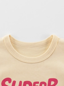 Kinderen beige katoenen T-shirt met roze SUPER letterprint en geribbelde ronde hals