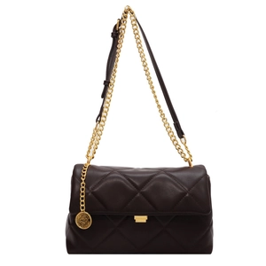 Deep brown quilted leather shoulder bag with gold hardware and chain strap on white background