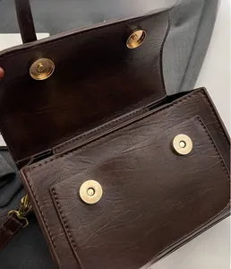 Detailed macro view of dark brown lychee texture leather with gold magnetic buckle