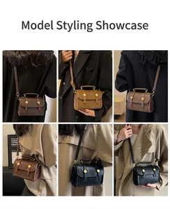 Detailed views of vintage crossbody square bags in black, dark brown, and khaki colors