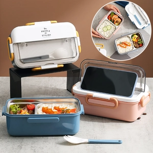 Roestvrijstalen lunchbox met vakken, bestekopslag en telefoonhouder voor kantoor en school