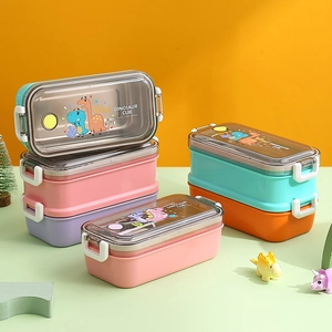 Bunte 304 Edelstahl doppellagige Lunchbox mit Dinosaurier-Deckeln für Kinder