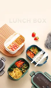 Three-color partitioned bento lunch box with utensils and leak-proof compartment lid