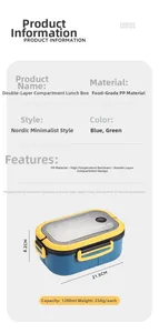 Detail view of 1200ml double-layer divided bento box with food-grade PP material specifications