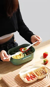 Detail view of large capacity divided lunch box with built-in cutlery and carrying handle