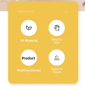 Universal pet bowl detail showing PP material, easy cleaning and convenient operation