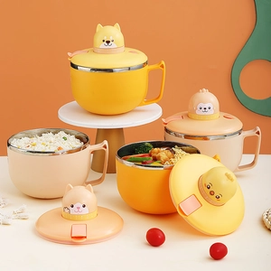 Stainless Steel Instant Noodle Bowl With Mechanical Timer Heat Insulated Soup Bowl With Lid Handle For Students Adults Cartoon Design