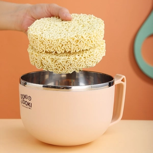 Pink stainless steel instant noodle bowl with timer lid and ergonomic handle