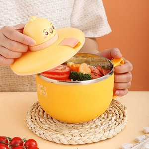 Yellow stainless steel ramen bowl with timer lid and cute chick design held by hand