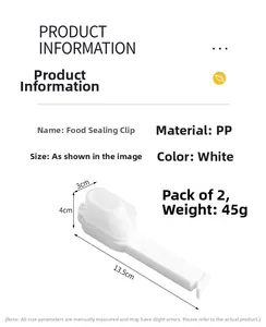 Food sealing clip specifications showing 13.5cm length and PP plastic material details