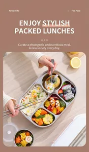 Détail de la boîte à lunch en inox à 5 compartiments avec riz, plats et fruits