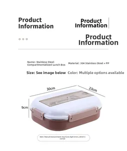 Tableau des tailles pour boîte repas 1,8L inox 304 à 5 compartiments, 30x23x9cm