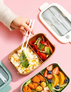 Close-up of divided lunch box set with transparent lids and matching utensils included