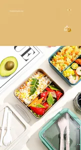 Detail of portable lunch box set with divided compartments and matching utensils