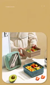 Three colors of portable divided lunch boxes with built-in cutlery storage and lids