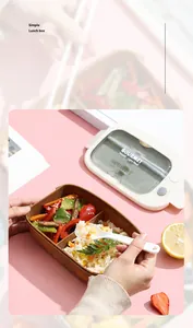 Detail view of two-compartment bento box with clear window lid and white spoon included
