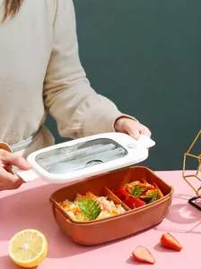 Detail of bento box lid with built-in cutlery storage and portable handle design