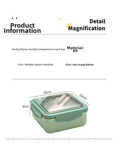 Detail view of green divided lunch box with dimensions 16cm x 16cm x 8cm and top cutlery slot