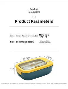Detailed dimensions of the 20.5x13x6cm PP lunch box with utensils and transparent lid