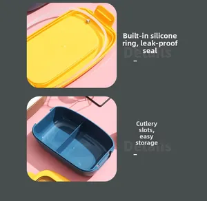 Detail of blue bento box with yellow lid showing silicone seal and internal divider