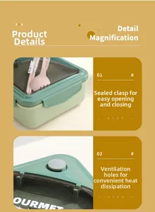 Detail showing the leak-proof side buckles and gray air vent on the green bento lunch box