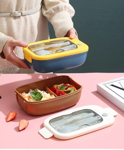 Close-up of divided bento box with built-in utensils and separate food compartments