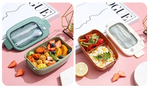 Dual-compartment lunch box with transparent lid featuring cutlery storage and steam vent